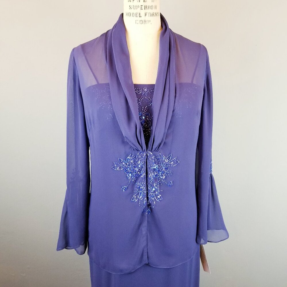 Stunning Deep Blue Alex Evenings Beaded Sheath Dress with Chiffon Jacket * NWT